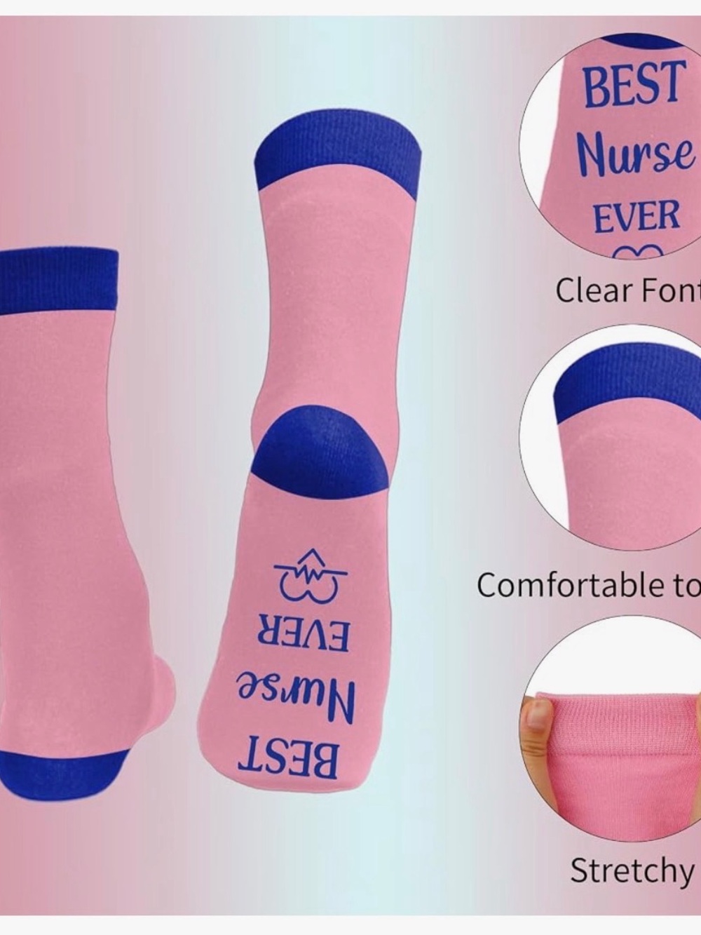 NWT- Best Nurse Ever Pink & Navy Crew Socks - Perfect Gift - Picture 3 of 4